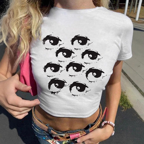Dame Crop-T-Shirt med kreativt øjenmotiv Skovae