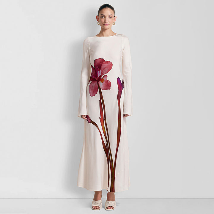 Dame maxikjole med blomstertryk og elegant langt ærme Stilla