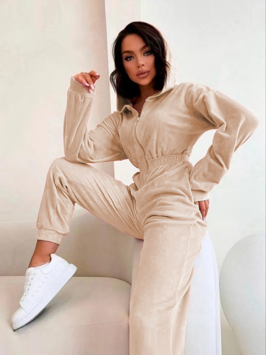 Damer sporty fleece jumpsuit med hætte og elastisk livbånd Skovae