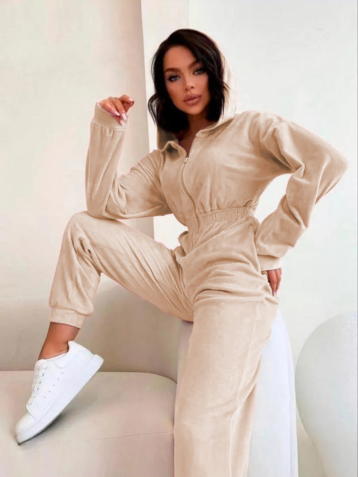Damer sporty fleece jumpsuit med hætte og elastisk livbånd Skovae