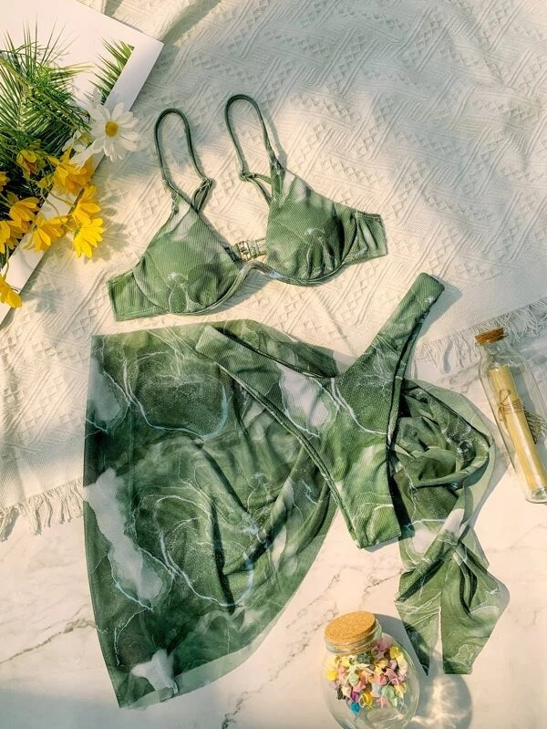 Dame Floral Print Bikini Sæt med matchende Wrap Skirt Stilla