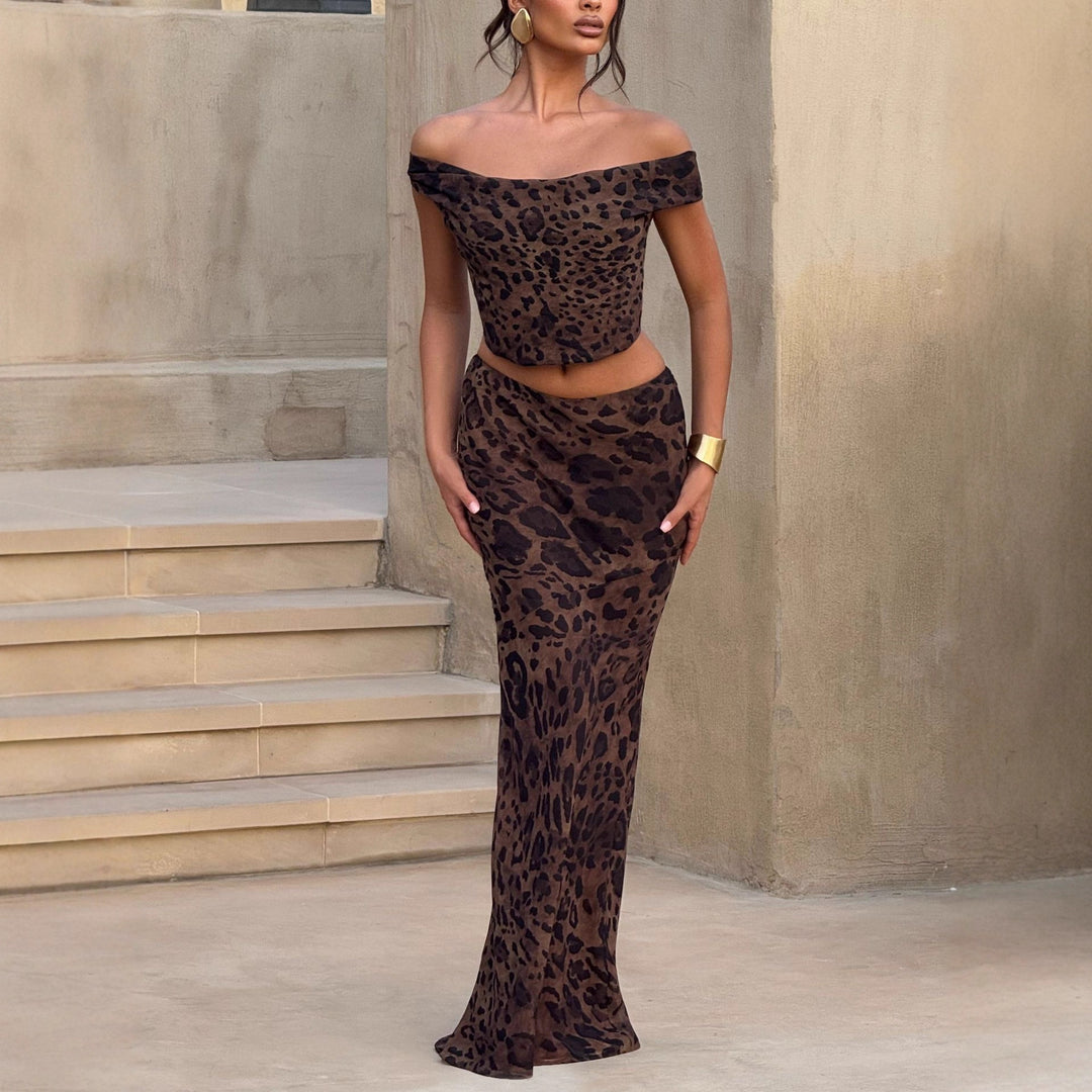 Dame Elegant Maxikjole med skulderfri design og leopardmønster Skovae
