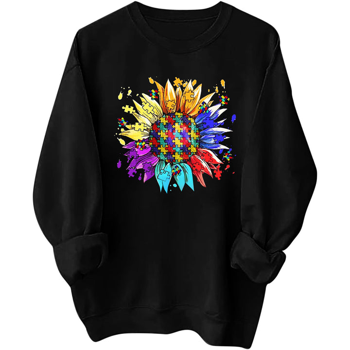 Kvindernes sweatshirt med kreativ puslespilsblomst design og en behagelig pasform Stilla