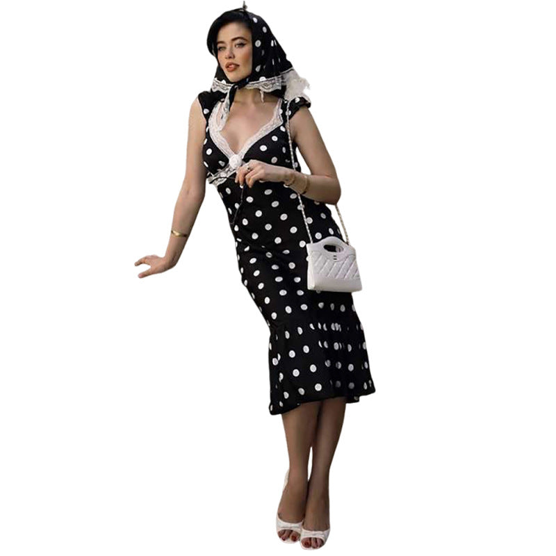 Damer Figursyet Polka-Dot Kjole med Blondeapplikation Skovae