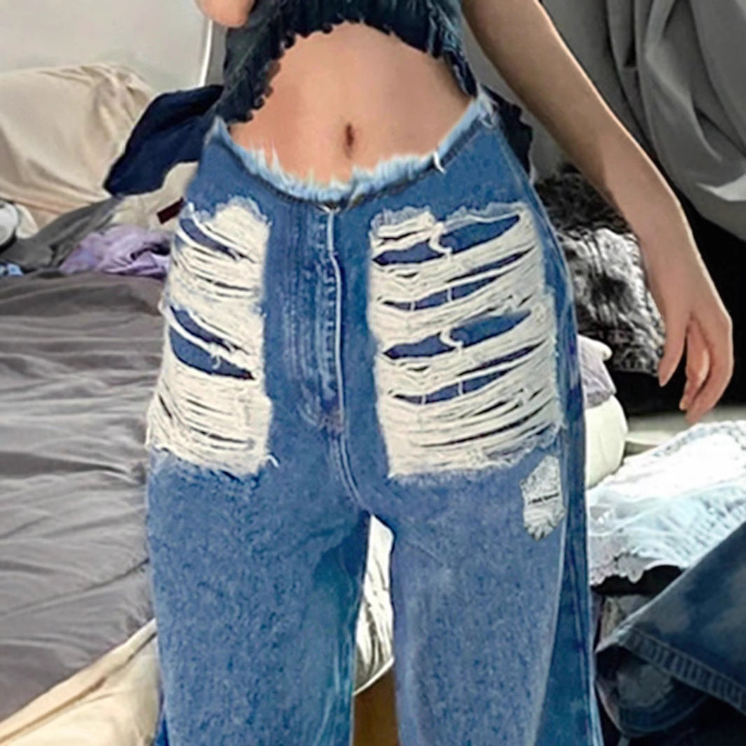 Dame brede jeans med iøjnefaldende rivdetaljer og afslappet snit Stilla