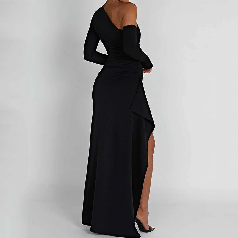 Dame Elegant One-Shoulder Maxi Kjole med Glitrende Stof og Tætsiddende Snit Skovae
