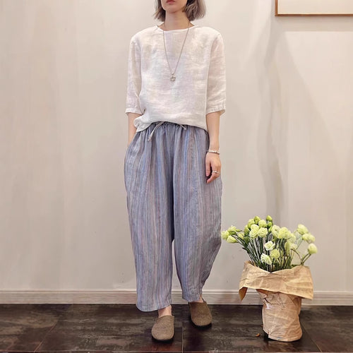 Femme stribede løse linned-Culottes Stilla