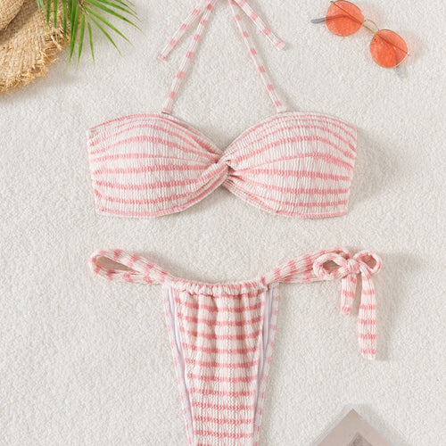 Dame bandeau-bikini med justerbare sløjfer og moderne ribstruktur Stilla