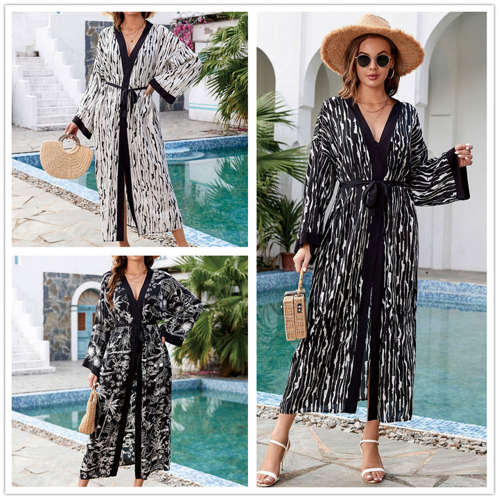 Dame elegant strandkimono med raffineret palmemønster og taljerbar bælte Stilla