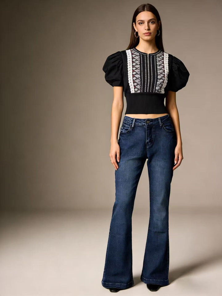 Damer elegant cropped top med puffærmer og vintage broderi Skovae