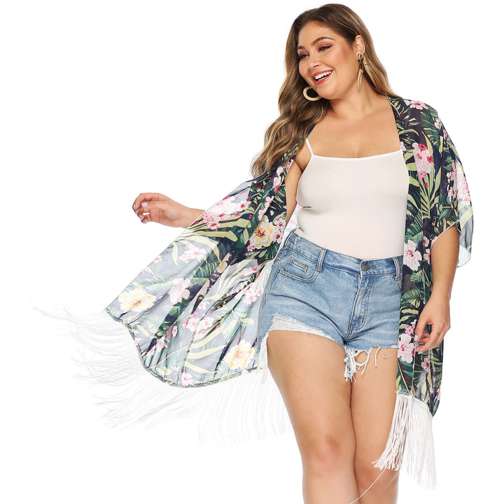 Dame-kimono med blomstertryk og frynser Stilla