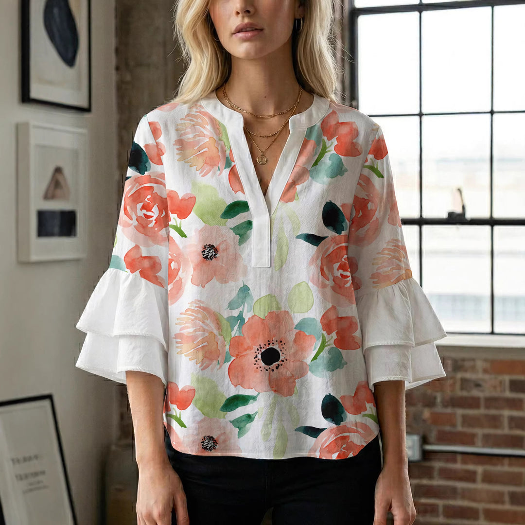 Dame Elegant top med volumiøse puffærmer og floraltryk Skovae