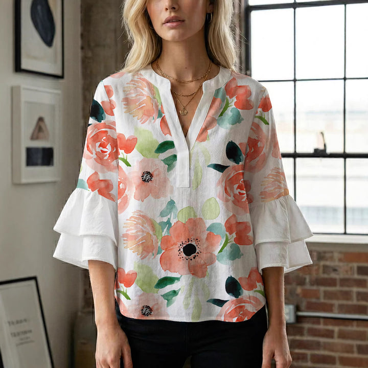 Dame Elegant top med volumiøse puffærmer og floraltryk Skovae