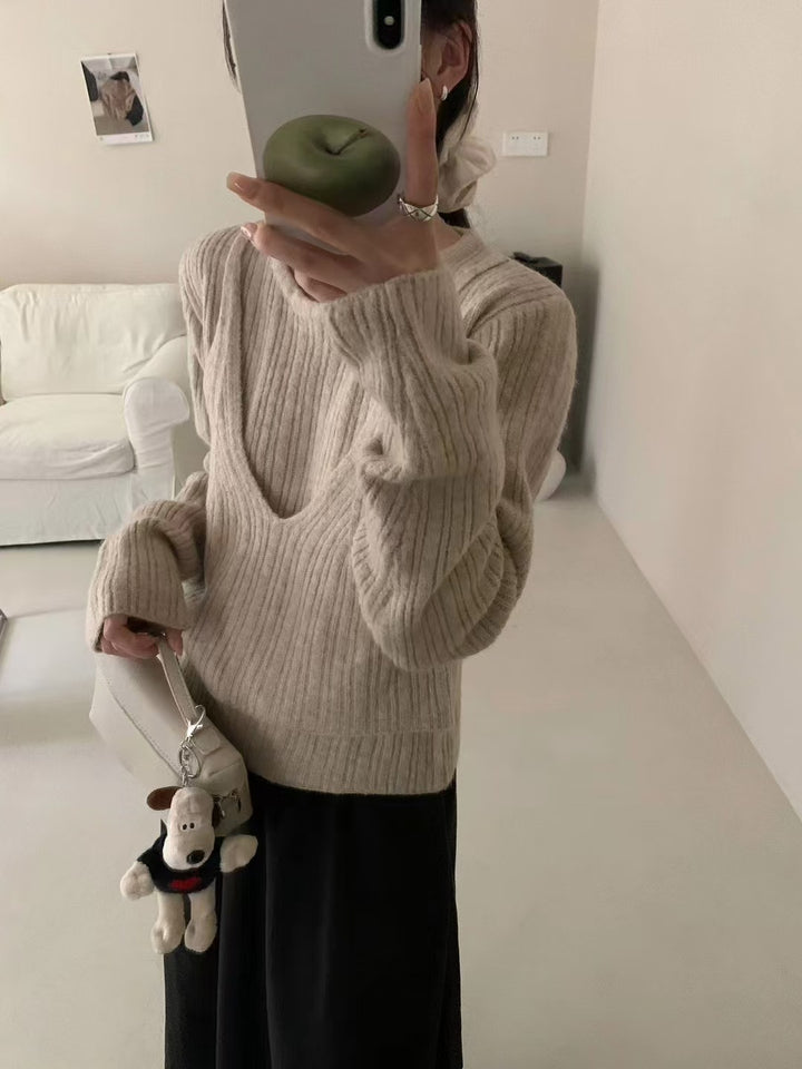 Femme Tekstureret V-Udskæring Ribbet Strikpullover Stilla