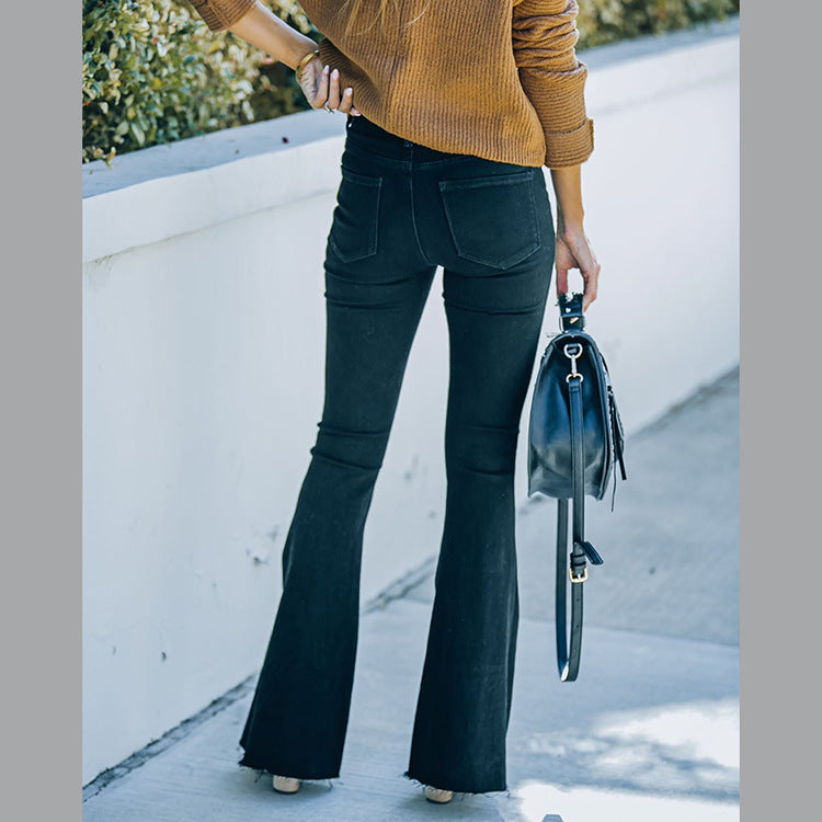 Dame Elegant Bootcut-Jeans med høje knapper og destroyed-detaljer Stilla