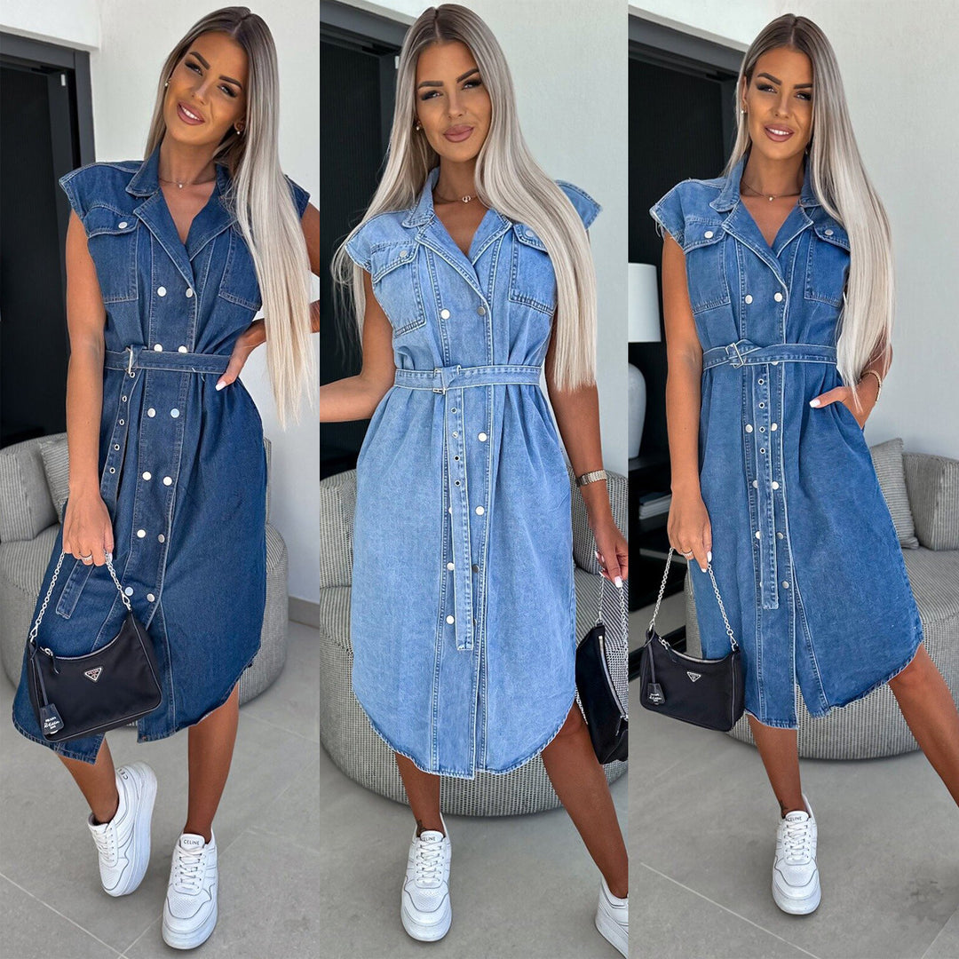 Dame Denim Skjortekjole med taljerbar rem og trykknaplukning Stilla