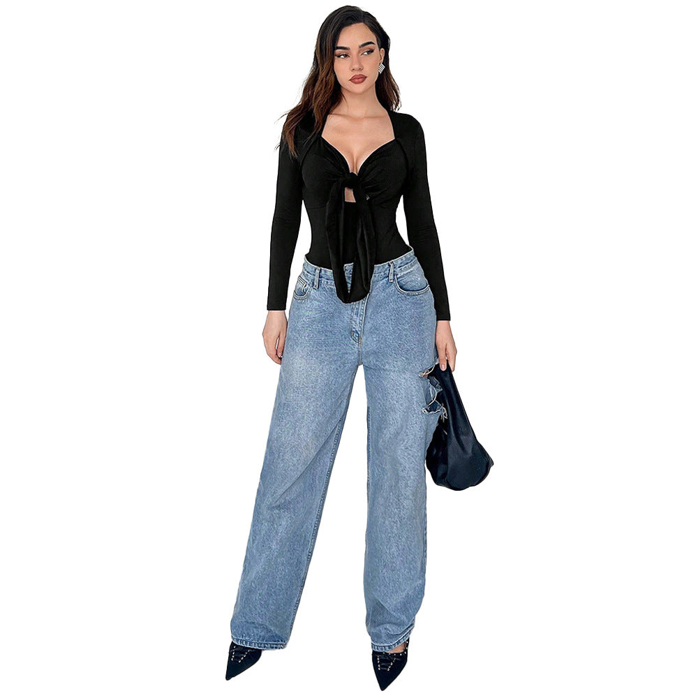 Dame Elegant Bodysuit med Knytte Detalje og Dybt V Hals Stilla