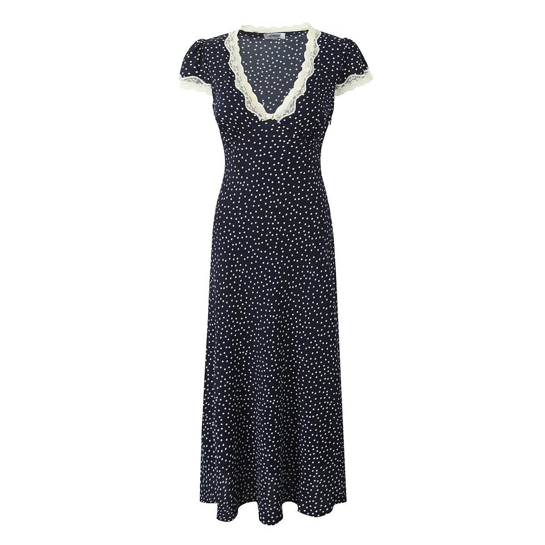 Femme Elegant Udvidet Polka Dot Maxi Kjole med Spids Detalje Stilla