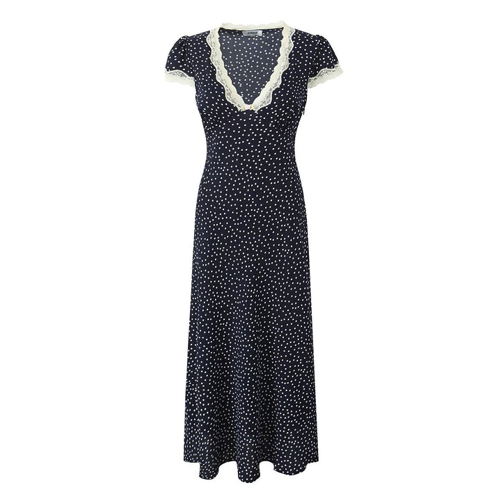 Femme Elegant Udvidet Polka Dot Maxi Kjole med Spids Detalje Stilla