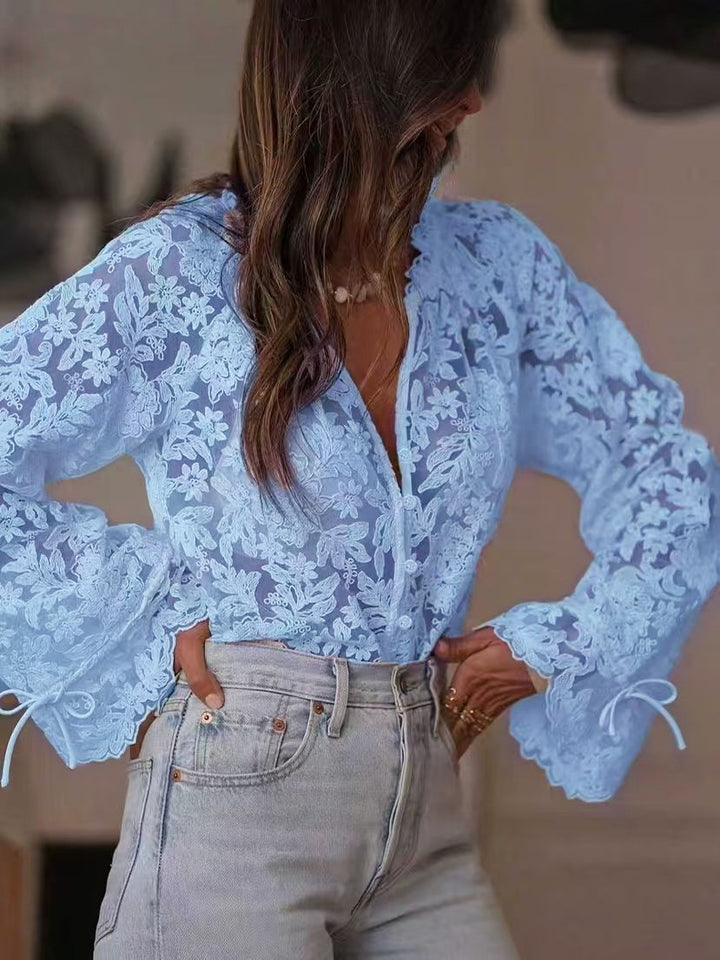 Dame gennemsigtig bluse med blomster broderier og vide ærmer Skovae