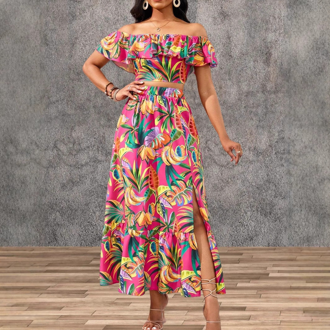 Dame Off-Shoulder Maxikjole med farverigt palmeprint Stilla