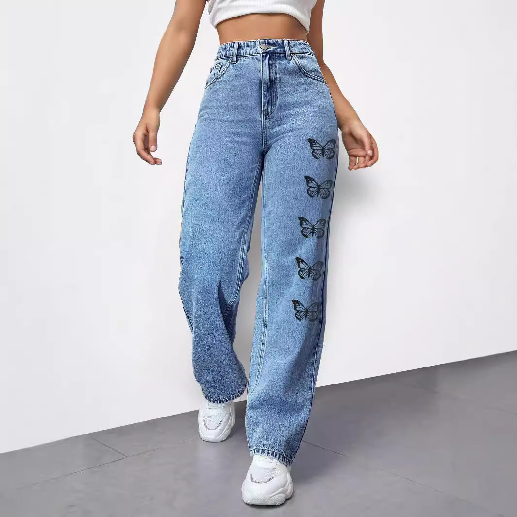 Dame bred denim-bukser med legende sommerfuglemotiver Stilla
