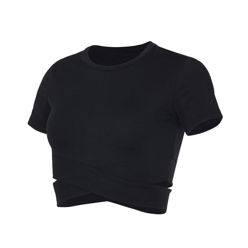 Dame kortærmet træning crop top med innovativ indpakningsoptik Skovae