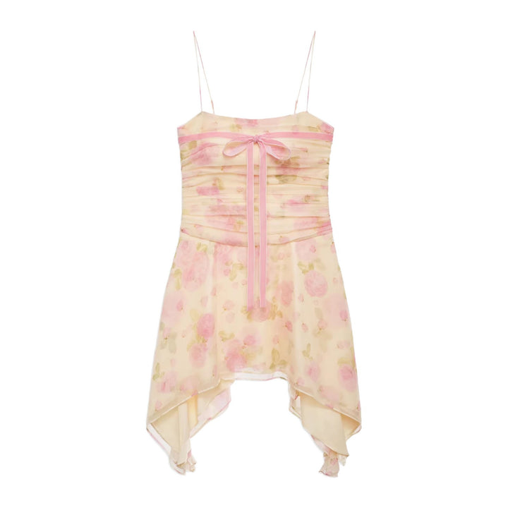 Kvinders blomstret print mini kjole med asymmetrisk kant og elegant samling