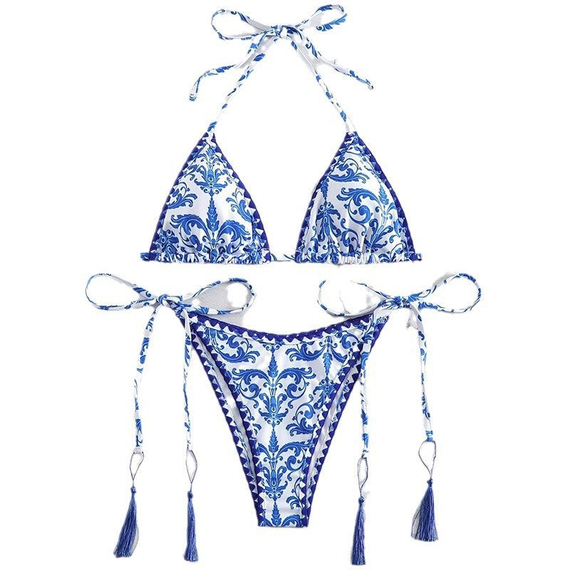 Dame Triangle-Bikini-sæt med blomster mønster og legesyge dusker Stilla