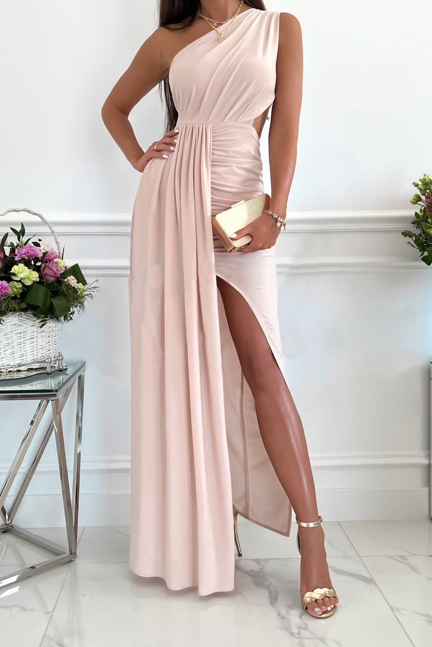Dame Elegant One-Shoulder Maxikjole med draperet overdel og sidelæg Stilla