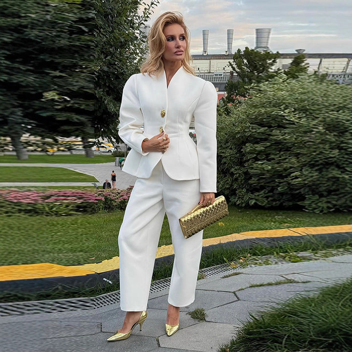 Kvinder Elegant Blazer og Bukser Sæt med Guldknapper Stilla