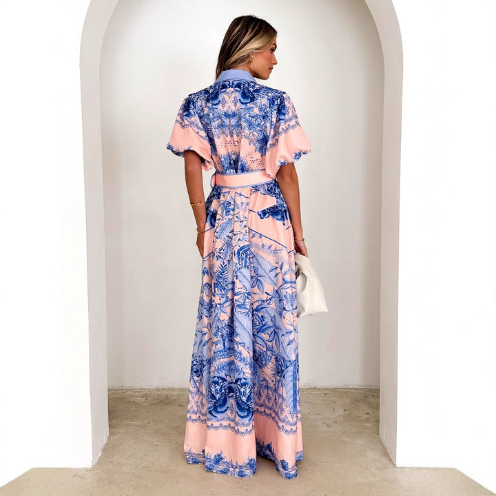 Dame maxi kjole med blomsterdesign og elegante flæser