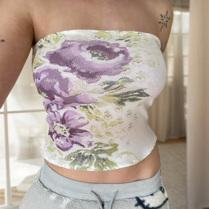 Dame Bandeau-top med floral broderi og elastisk pasform Skovae