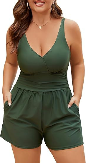 Dame Playsuit med dyb V-udskæring og sidelommer Skovae