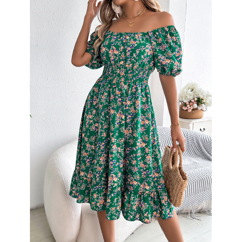 Dame Smocked Floral Print Midi Kjole med sidelæg Stilla