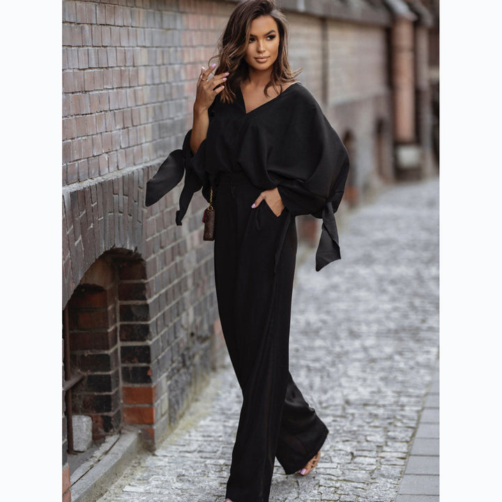 Damer Elegant Jumpsuit med Bred Ærmer og Smalt Taljebælte Skovae