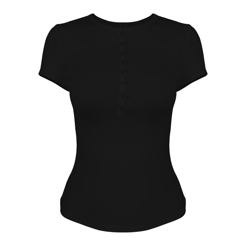 Dame kortærmet funktionsshirt med raffineret knapstolpe og elastisk snit Stilla