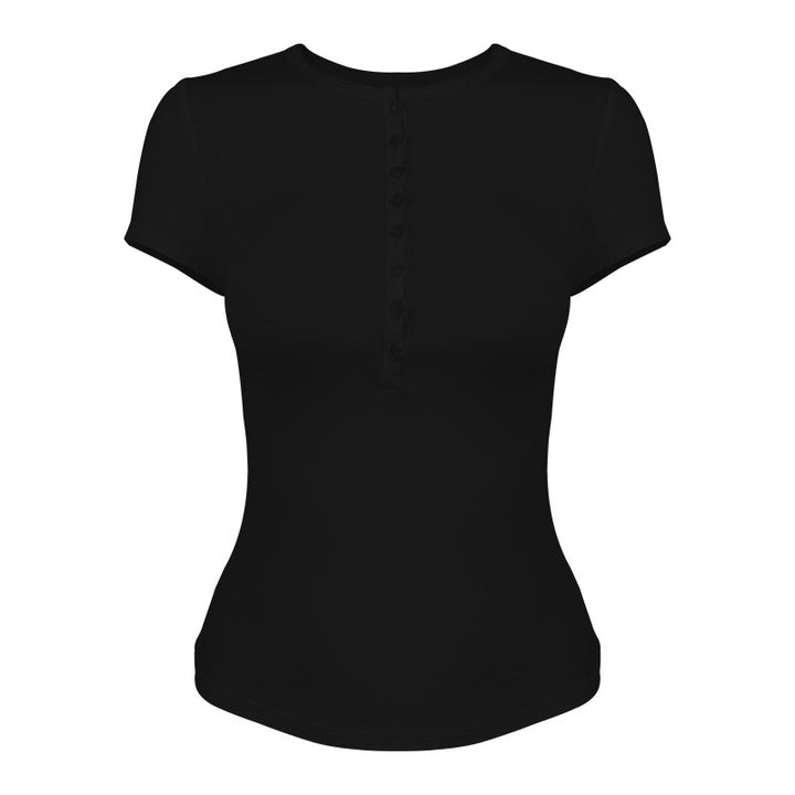 Dame kortærmet funktionsshirt med raffineret knapstolpe og elastisk snit Stilla