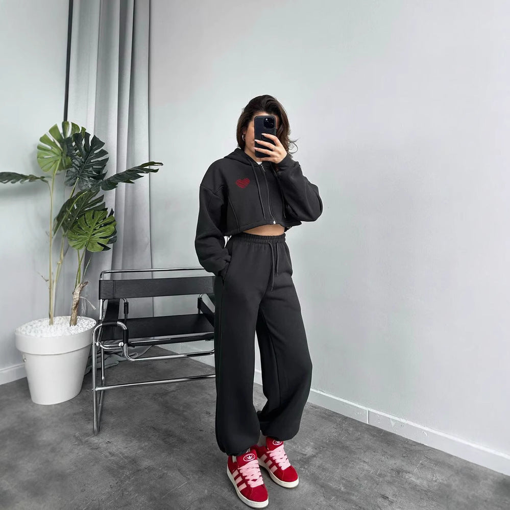 Dames afslappet hoodie og joggingbukser sæt med cropped top og elastisk talje