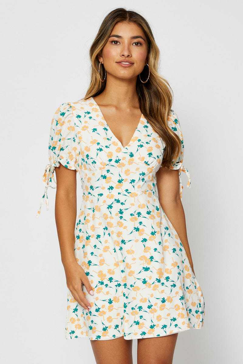 Dame Floral A-Linie Mini Kjole med taljeret Liv og Puffærmer Stilla