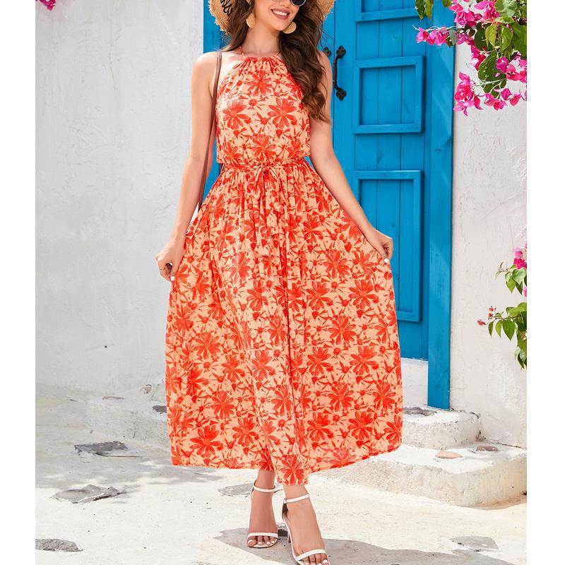 Dame Halter Neck Floral Maxi Kjole med justerbar talje-snøring Stilla