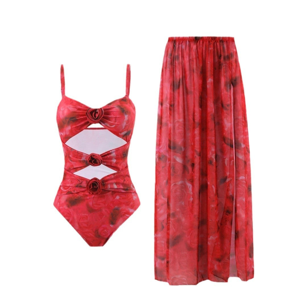 Dame enhed badesuit med blomstret design og matchende overkjole Stilla
