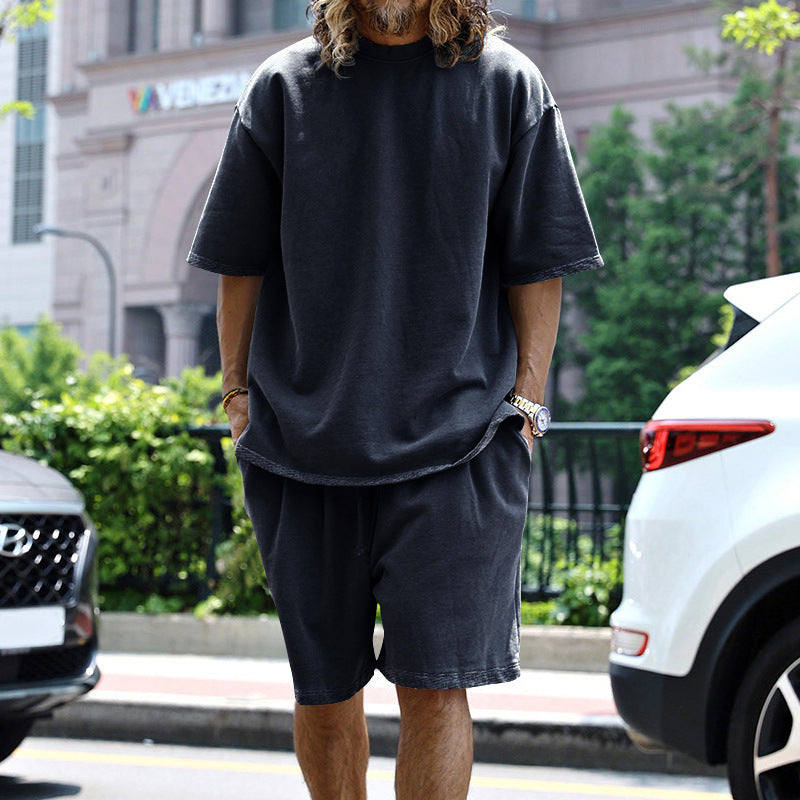 Herren nan oversized loungewear-sæt med boxy-shirt snorebund-bukser og blødt bomuldsblanding skovae