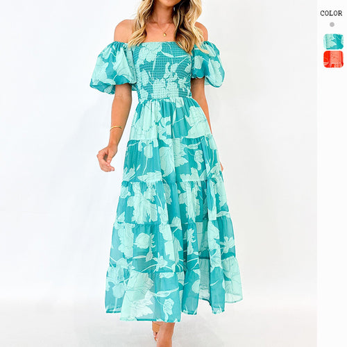 Kvinders Maxi Kjole med Puf Ærmer og Blomsterdesign Stilla
