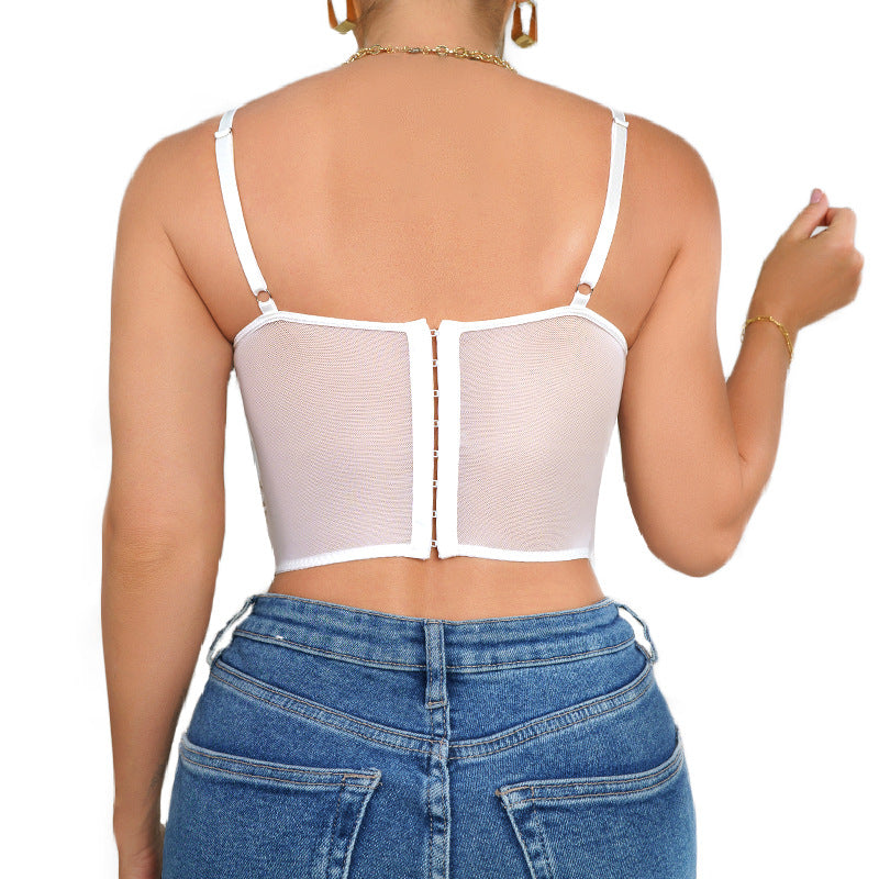 Dame Gennemsigtig Blonde-Crop-Top med florale detaljer og glitrende design Stilla