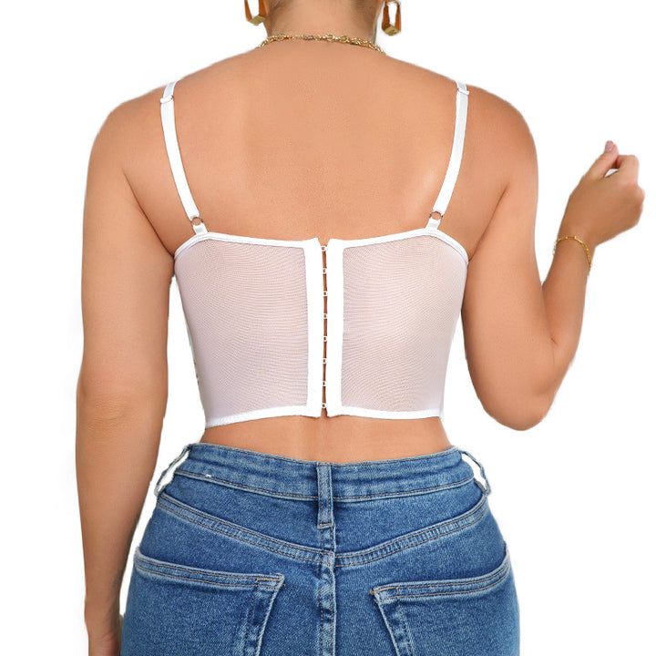 Dame Gennemsigtig Blonde-Crop-Top med florale detaljer og glitrende design Stilla