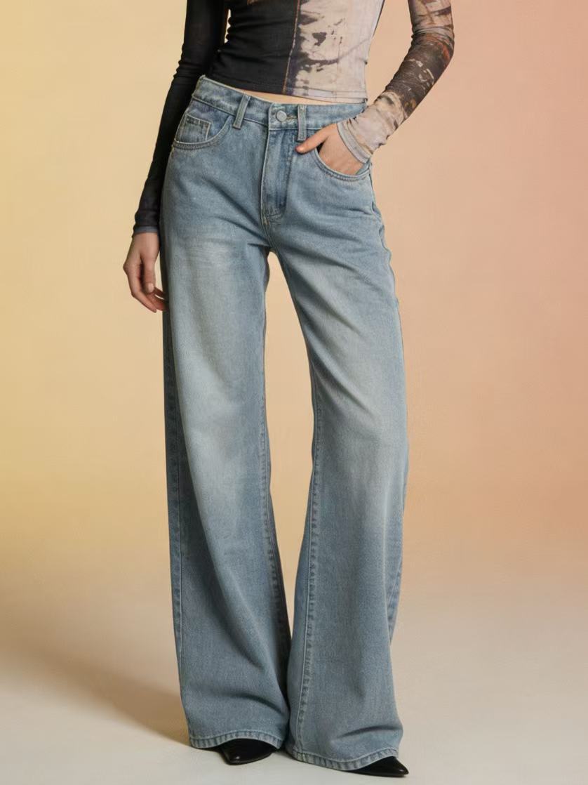 Dame bredde Denim-bukser med vintage-vask og høj talje Skovae