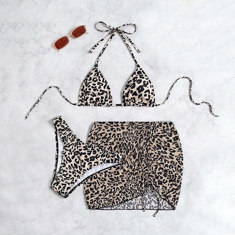 Dame Chic Leopardmønster Bikini-Sæt med rynket Cover-Up Stilla