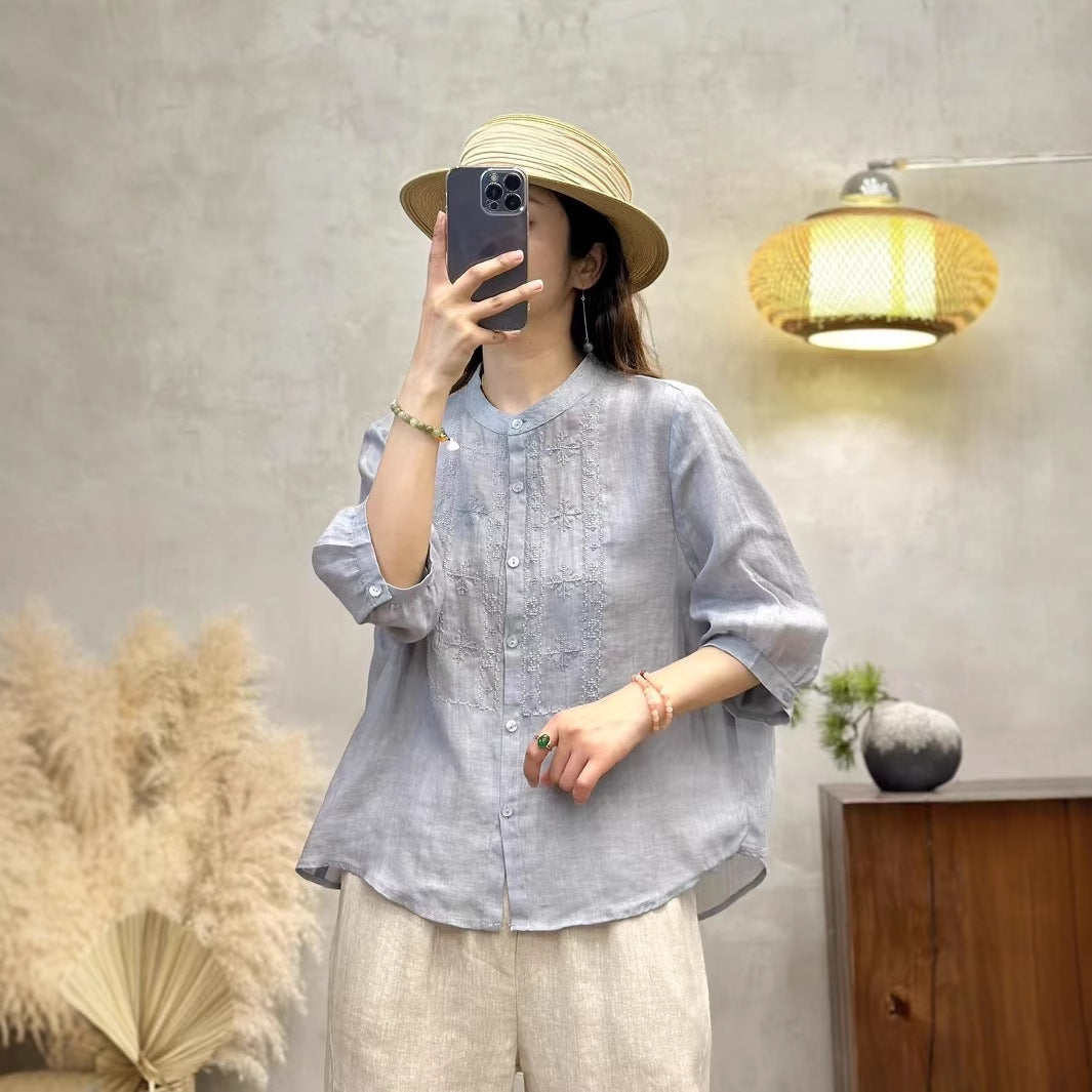 Femme Broderet Linned Knap-Op-Bluse Stilla
