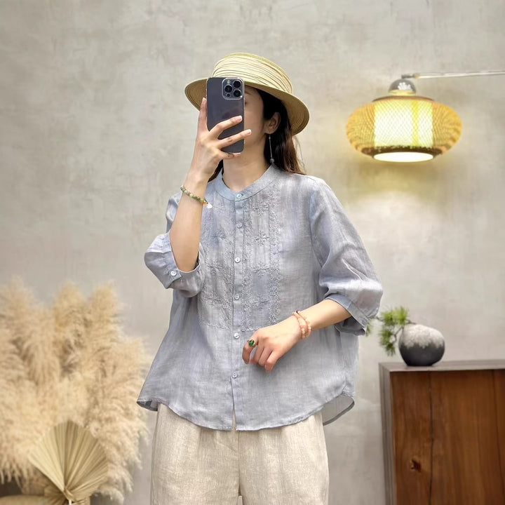 Femme Broderet Linned Knap-Op-Bluse Stilla